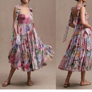 Anthropologie Geisha Designs Isabella Tiered A-line midi dress romantic floral